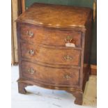 BEDSIDE CHESTS, a pair, George III design burr walnut and serpentine fronted with three drawers,