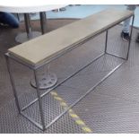 CONSOLE TABLE, rectangular composite top, raised upon polished steel support,