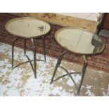 LOW OCCASIONAL TABLES, a pair, each metal framed with a circular mirrored top, 50cm diam x 61cm H.