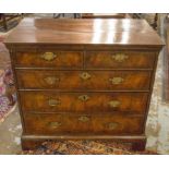 CHEST, early 18th century English Queen Anne figured walnut with two short and three long drawers,
