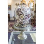 FAUX PORCELAIN FLOWER DOME DISPLAY, plaster of Paris dipped flowers in glass dome, 42cm H.