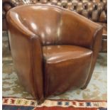 TUB ARMCHAIRS, a pair, stitched hand finished leaf brown leather each with curved back and arms.