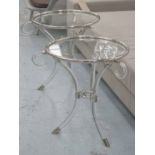 OCCASIONAL TABLES, a pair, circular glass on chrome and lucite scroll support, 57cm diam x 58cm H.