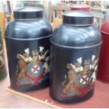 TEA CANNISTERS, a pair, toleware style with vintage inspired armorial design, 46cm H.
