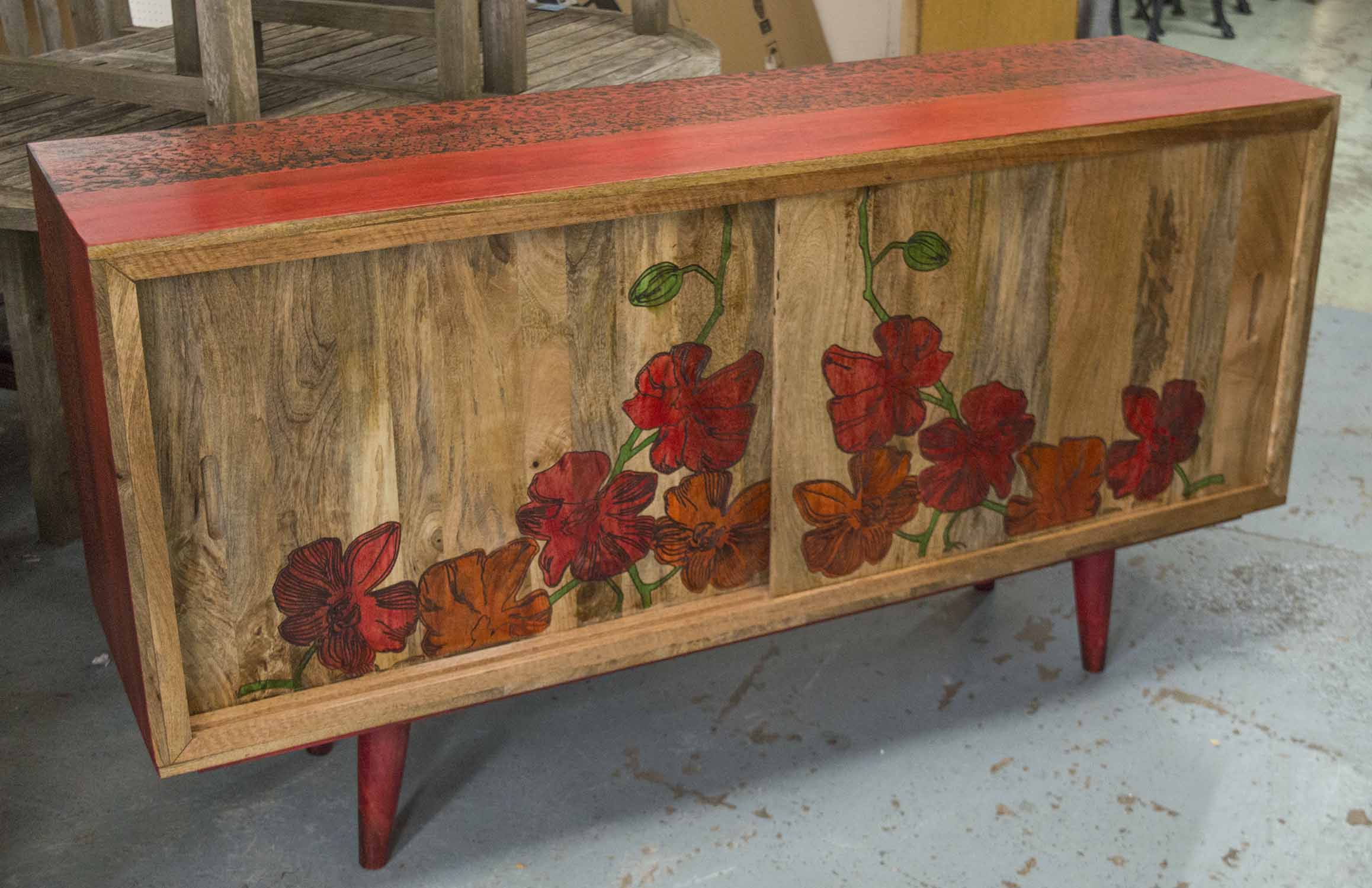 SIDEBOARD, contemporary stained hardwood, with two floral decorated sliding doors,