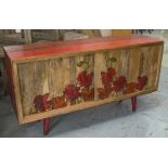 SIDEBOARD, contemporary stained hardwood, with two floral decorated sliding doors,