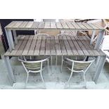 GARDEN TABLE AND BENCH, 180cm W x 90cm D x 75cm H, and four chairs 52cm W weathered wood and metal.