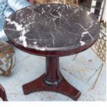 CENTRE TABLE, Empire style marble top in a mahogany finish, 81cm D x 83cm H.