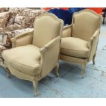 BERGERE ARMCHAIRS, a pair, in oatmeal cotton upholstery with distressed frame, 70cm W.