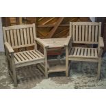 GARDEN ARMCHAIRS, two, weathered teak with conjoined table, 173cm W.