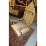 SYRIAN OPEN ARMCHAIR, hardwood with mother of pearl decoration and a gilt patterned seat,