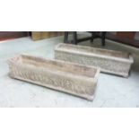 WINDOW BOX PLANTERS, a pair, rectangular reconstituted stone, each with a Classical relief scene,