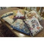 CUSHIONS, five tasselled fruit tapestry design,