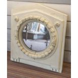 WALL MIRROR, Empire design, white painted with shaped frame and circular wreath bordered plate,