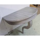 CONSOLE TABLE, modern grey painted with bowed top on monopod support, 56cm H x 56cm W x 56cm D.