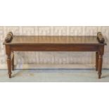 HALL BENCH, Regency design mahogany, rectangular with turned bolster handles and supports,