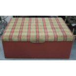 OTTOMAN, pink and check fabric with hinged top, 46cm H x 123cm W x 94cm D.