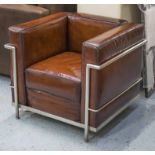 ARMCHAIRS, a pair, Bauhaus design, hand finished soft leaf brown leather, on chromium tubular frame,