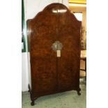 WARDROBE, Queen Anne style, burr walnut, with two doors and cabriole supports,