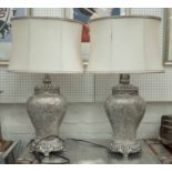 TABLE LAMPS, a pair, in mosaic mirrored finish with shades, 77cm H.