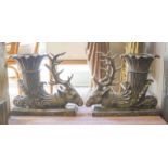 BRONZE CORNUCOPIA STYLE STAG HEAD PLANTERS, a pair, of large proportions, 40cm H x 48cm W.