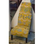 SIDE CHAIR, ebonised with high back in yellow dancing figure patterned upholstery, 103cm H x 50cm W.