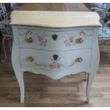 COMMODES, a pair, Louis XV style with two drawers of bombe form in painted and gilt finish,
