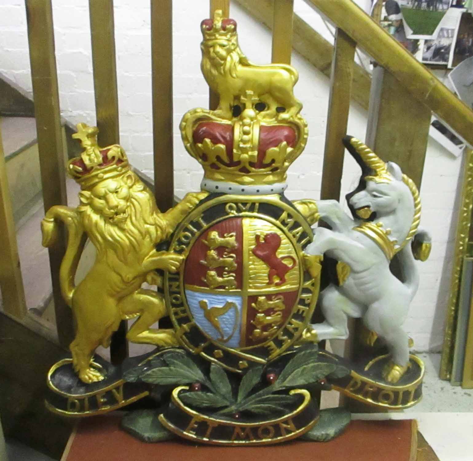 ROYAL COAT OF ARMS, in a polychrome finish, 70cm W x 75cm H.