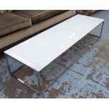 NATUZZI LOW TABLE, white rectangular glass top on open chrome base, 160cm L x 50cm W x 34cm H.