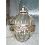 GLOBE LANTERN, three branch in a plated finish, 67cm Diam plus chain.