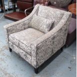 ARMCHAIRS, a pair, in a floral raised pattern velvet fabric on square supports,