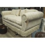 SOFA, from Harrods by Peter Guild, cream patterned fabric with bullion fringe, 200cm W x 100cm deep.