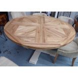 NORDIC STYLE DINING TABLE, round parquet oak top raised on central white columned base, 150cm diam.