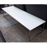 NATUZZI LOW TABLE, white rectangular glass top on open chrome base, 160cm L x 50cm W x 34cm H.