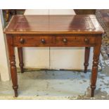 WRITING TABLE, Victorian stained pine with red leather top above two drawers, 74cm H x 91cm x 55cm.