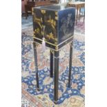 CABINET ON STAND, Chinese export black lacquer with gilt Chinoiserie detail,