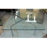 LOW TABLE, Barcelona style square form with glass top on a chromed metal base,