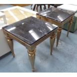 SIDE TABLES, a pair, vintage French style gilt finish with marble tops, 63cm H.