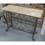 CONSOLE TABLE, wrought iron with travertine veneered top, 78cm H x 102cm W x 43cm D.