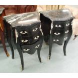 SIDE CHESTS, a pair, three drawers, in black with marble tops, 49cm x 34cm x 73cm H.