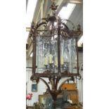 CEILING LANTERN, four branch with concave etched glass in bronzed frame, 120cm H plus chain.