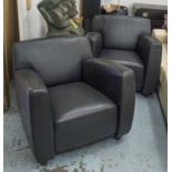 CLUB ARMCHAIRS, a pair, black leather upholstered, 84cm W.