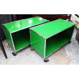 GREEN UNITS, two metal 'Usm Haller' on castors, 77cm x 37cm x 47cm H.