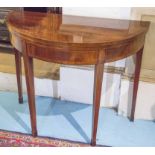 TEA TABLE, George III flame mahogany and tulipwood crossbanded with semi circular foldover top,