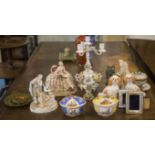 A GROUP OF ANTIQUE AND MODERN PORCELAIN ITEMS, and two Chinese carved stone figures.
