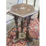 OCCASIONAL TABLE, Moorish hardwood and mother of pearl inlaid with carved hexagonal top,