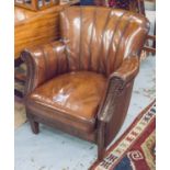 CLUB ARMCHAIRS, a pair, in hand finished leaf brown leather each with curved back and seat cushion,