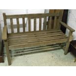 GARDEN BENCH, weathered teak of slatted construction, 126cm W.