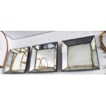 WALL MIRRORS, a set of three, mid 20th century bevelled glass, 50cm x 50cm.