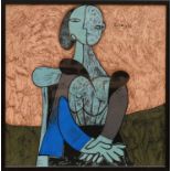 PABLO PICASSO 'Seated woman in blue', textile, 80cm x 75cm, framed and glazed.